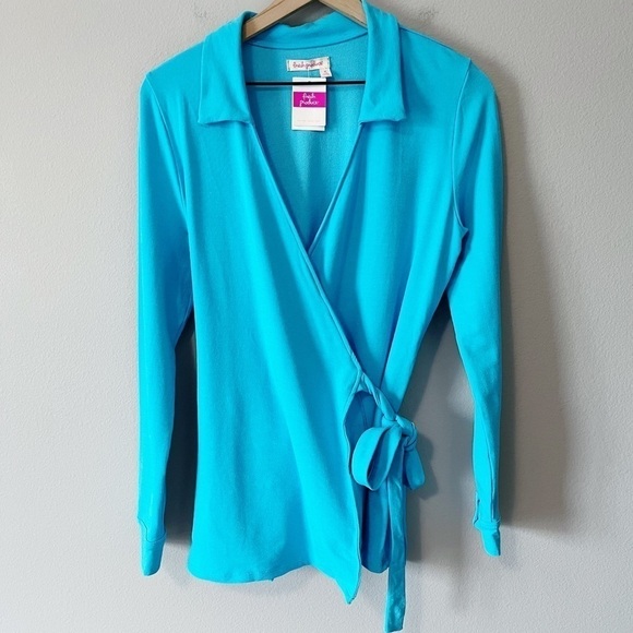 Fresh Produce NWT Delray Ocean Blue Hepburn Wrap Top Collared Size Medium - Picture 3 of 10